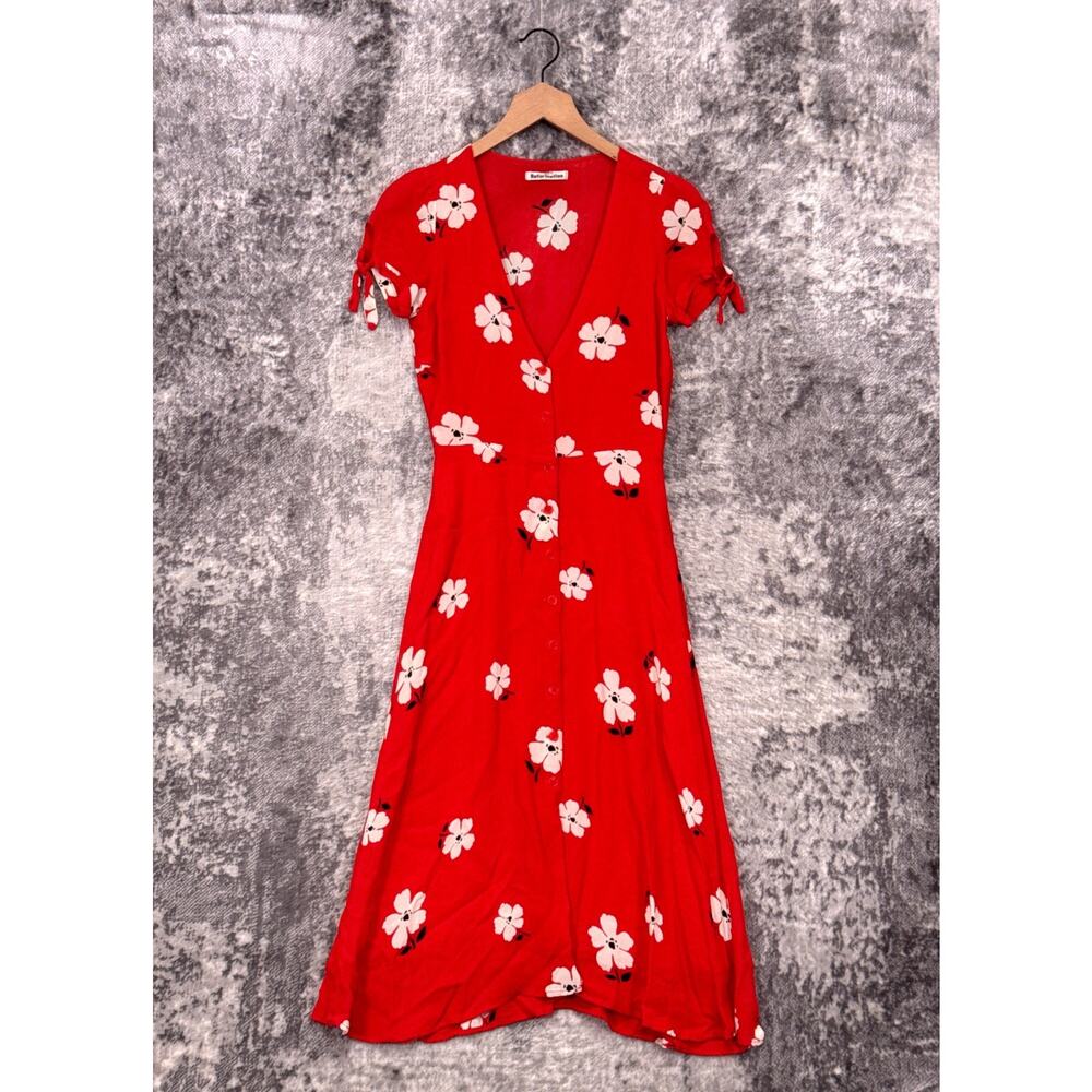Reformation Red Floral Midi Dress with White Flowers